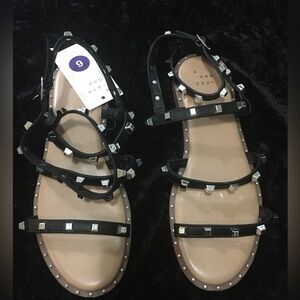 A new day- sandal shoe Black Silver Studded Strappy Sandals Shoes. Size 6